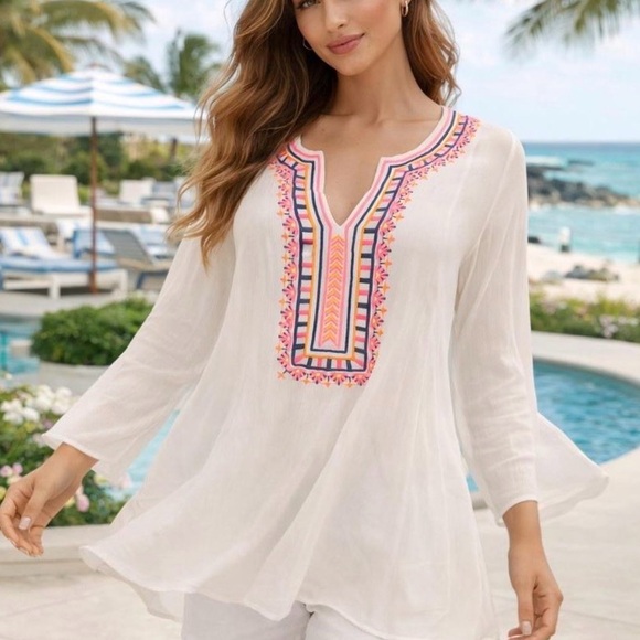 Lilly Pulitzer Tops - Lilly Pulitzer Dahle Tunic Top Embroidered Resort White Relaxed Fit Womens Small